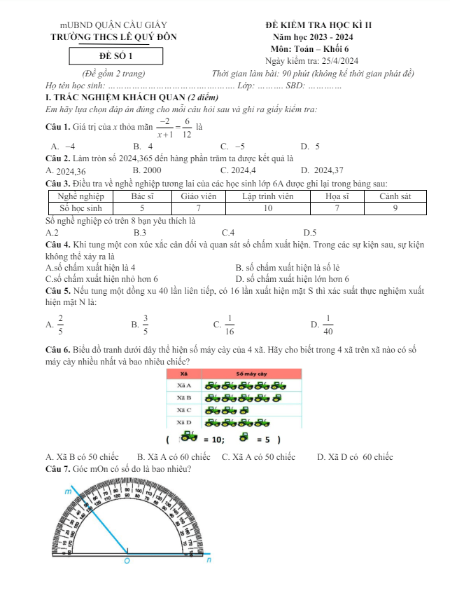 Đề học kỳ 2 Toán 6 năm 2023 – 2024 trường THCS Lê Quý Đôn – Hà Nội
