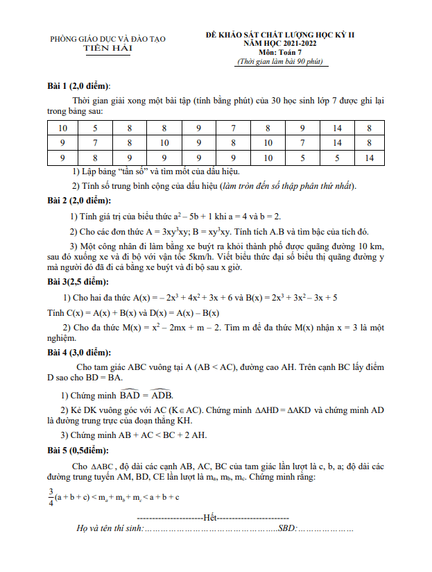 Đề học kỳ 2 Toán 7 năm 2021 – 2022 phòng GD&ĐT Tiền Hải – Thái Bình
