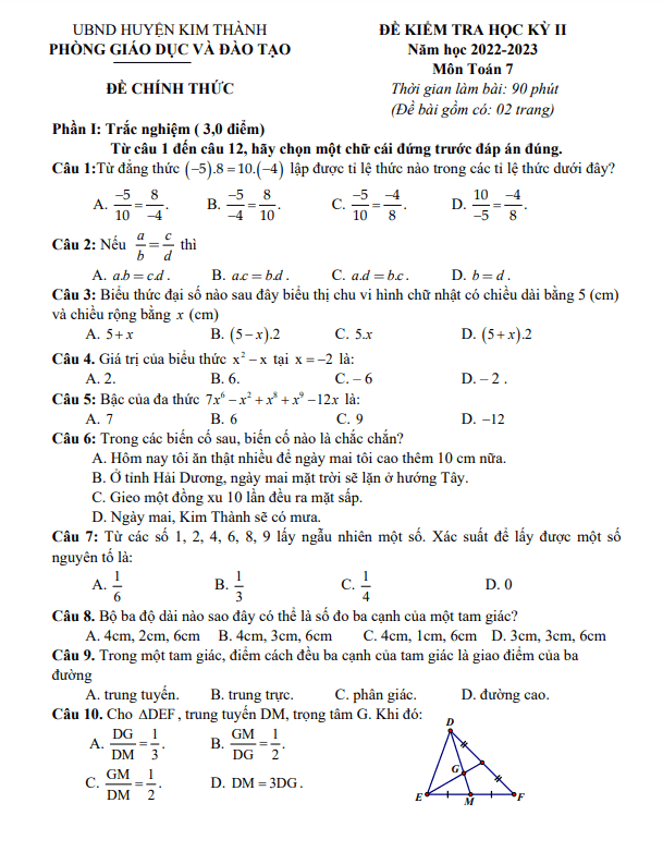 Đề học kỳ 2 Toán 7 năm 2022 – 2023 phòng GD&ĐT Kim Thành – Hải Dương