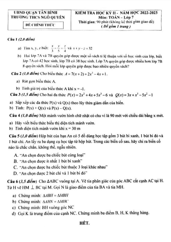 Đề học kỳ 2 Toán 7 năm 2022 – 2023 trường THCS Ngô Quyền – TP HCM
