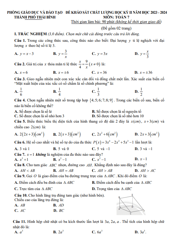 Đề học kỳ 2 Toán 7 năm 2023 – 2024 phòng GD&ĐT thành phố Thái Bình