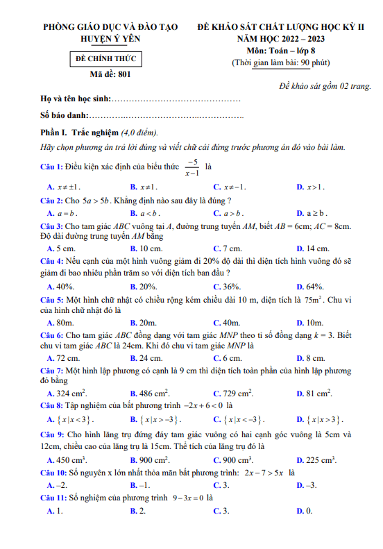 Đề học kỳ 2 Toán 8 năm 2022 – 2023 phòng GD&ĐT Ý Yên – Nam Định