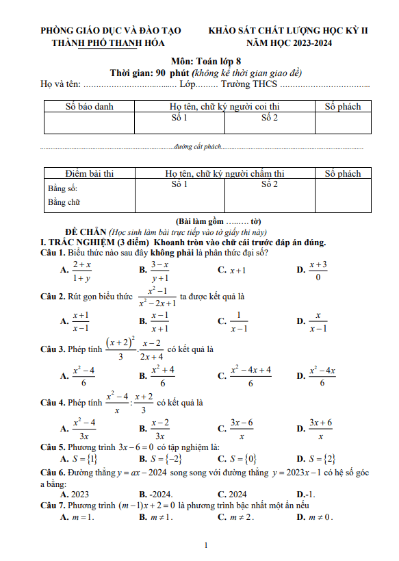 Đề học kỳ 2 Toán 8 năm 2023 – 2024 phòng GD&ĐT thành phố Thanh Hóa