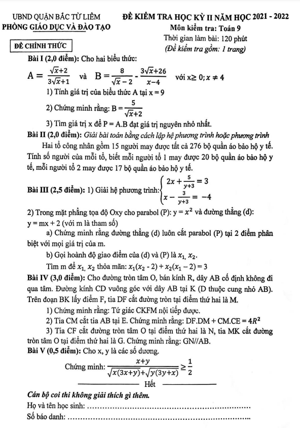 Đề học kỳ 2 Toán 9 năm 2021 – 2022 phòng GD&ĐT Bắc Từ Liêm – Hà Nội