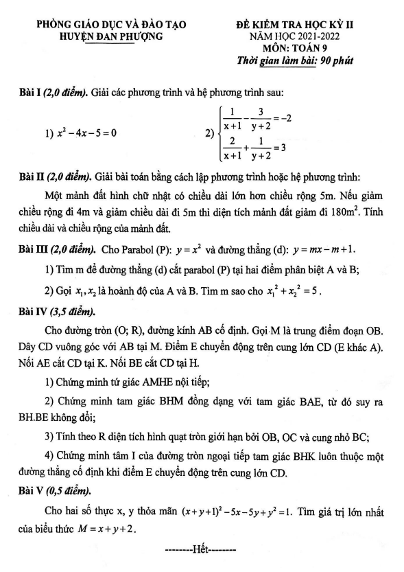 Đề học kỳ 2 Toán 9 năm 2021 – 2022 phòng GD&ĐT Đan Phượng – Hà Nội