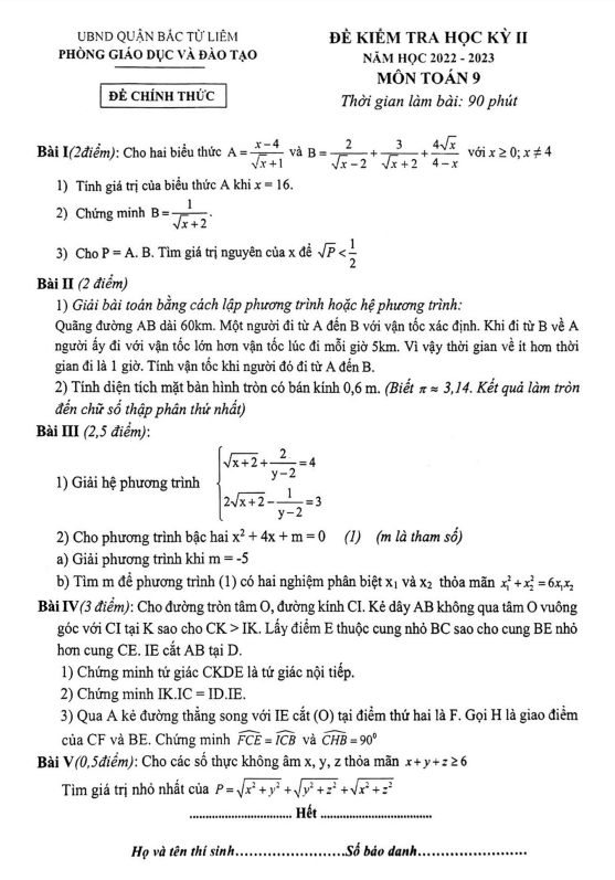 Đề học kỳ 2 Toán 9 năm 2022 – 2023 phòng GD&ĐT Bắc Từ Liêm – Hà Nội