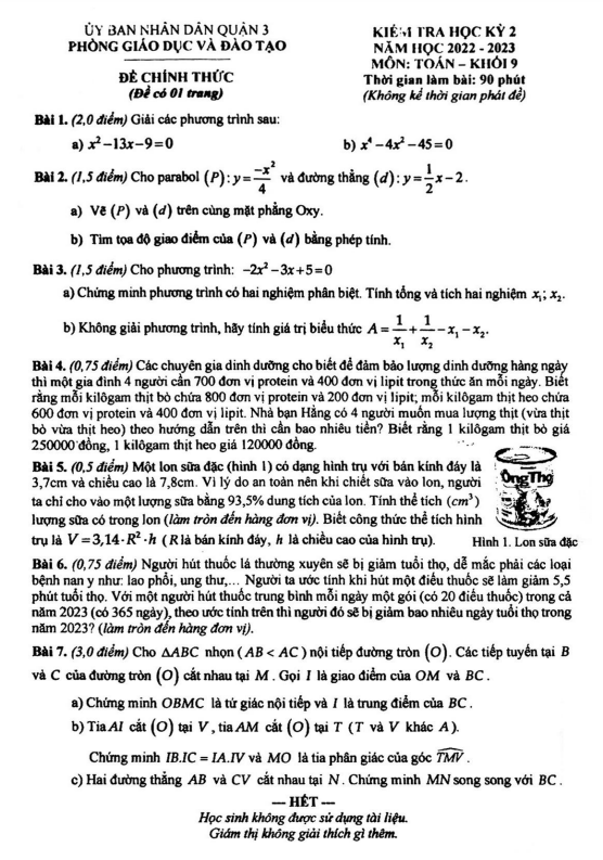 Đề học kỳ 2 Toán 9 năm 2022 – 2023 phòng GD&ĐT quận 3 – TP HCM