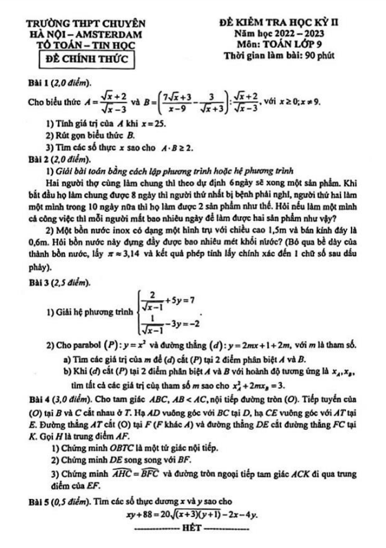 Đề học kỳ 2 Toán 9 năm 2022 – 2023 trường THPT chuyên Hà Nội – Amsterdam