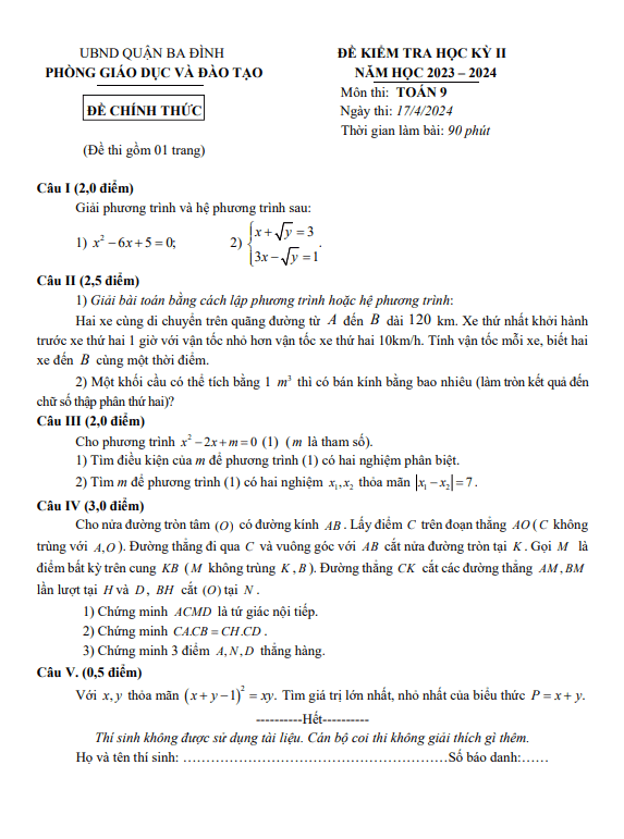 Đề học kỳ 2 Toán 9 năm 2023 – 2024 phòng GD&ĐT Ba Đình – Hà Nội