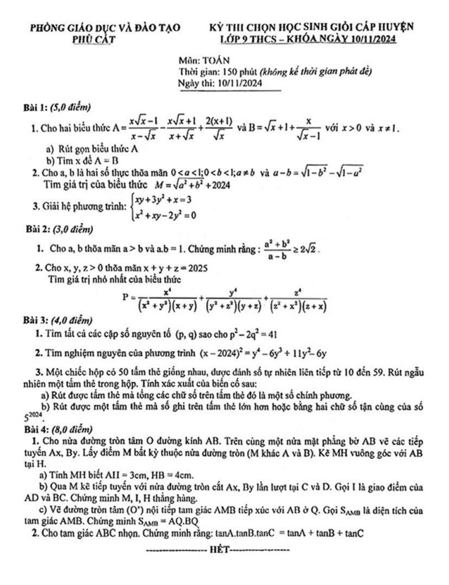 Đề học sinh giỏi cấp huyện Toán 9 năm 2024 – 2025 phòng GD&ĐT Phù Cát – Bình Định