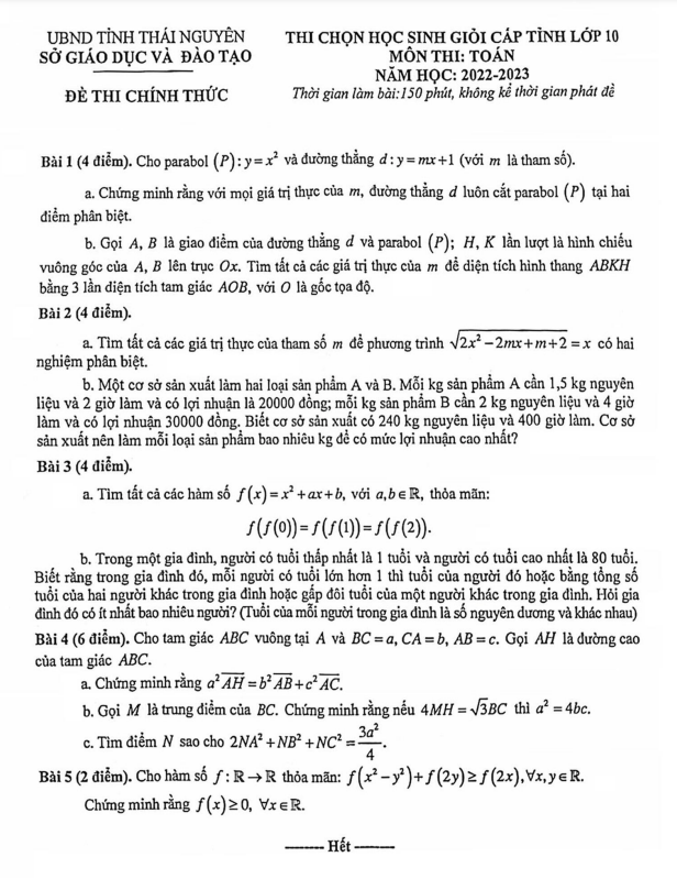 Đề học sinh giỏi cấp tỉnh Toán 10 năm 2022 – 2023 sở GD&ĐT Thái Nguyên