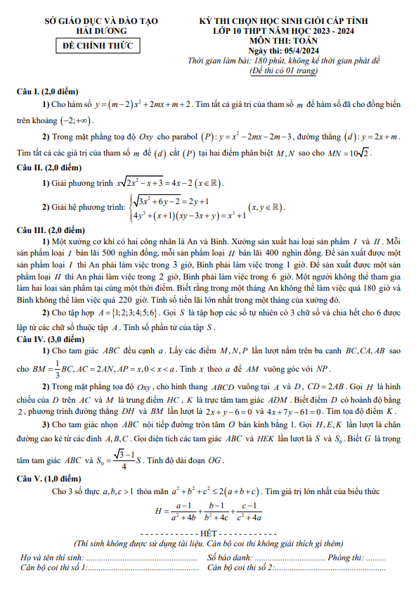 Đề học sinh giỏi cấp tỉnh Toán 10 năm 2023 – 2024 sở GD&ĐT Hải Dương