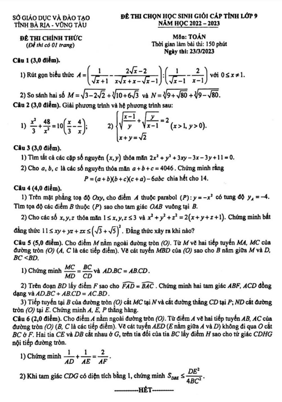 Đề học sinh giỏi cấp tỉnh Toán 9 năm 2022 – 2023 sở GD&ĐT Bà Rịa – Vũng Tàu