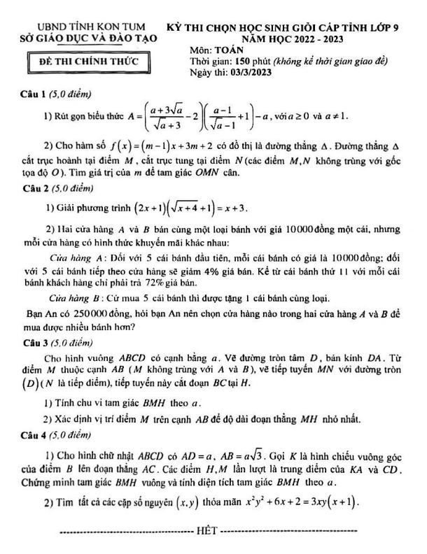 Đề học sinh giỏi cấp tỉnh Toán 9 năm 2022 – 2023 sở GD&ĐT Kon Tum