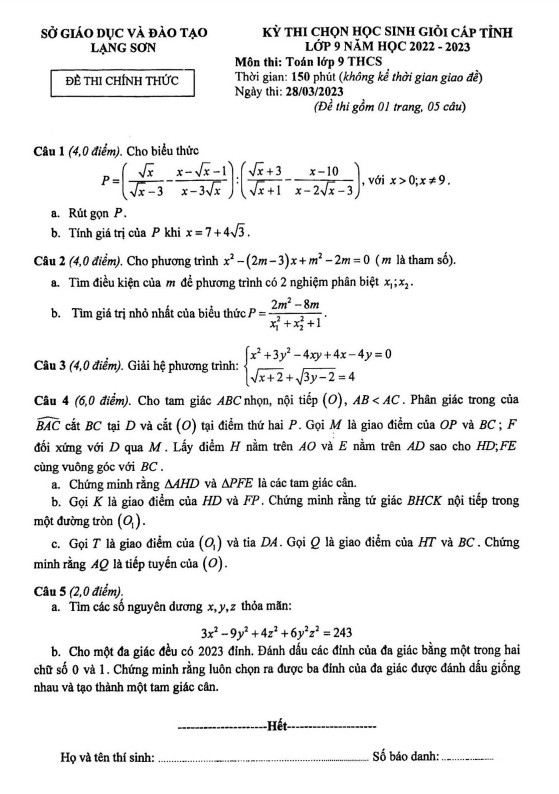 Đề học sinh giỏi cấp tỉnh Toán 9 năm 2022 – 2023 sở GD&ĐT Lạng Sơn