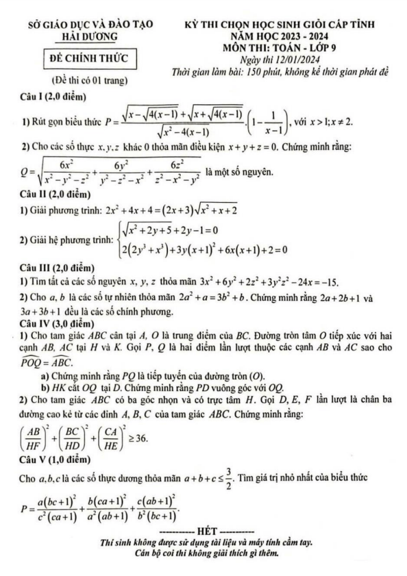 Đề học sinh giỏi cấp tỉnh Toán 9 năm 2023 – 2024 sở GD&ĐT Hải Dương