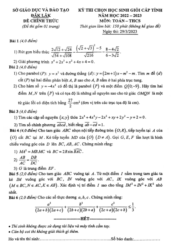 Đề học sinh giỏi cấp tỉnh Toán THCS năm 2022 – 2023 sở GD&ĐT Đắk Lắk
