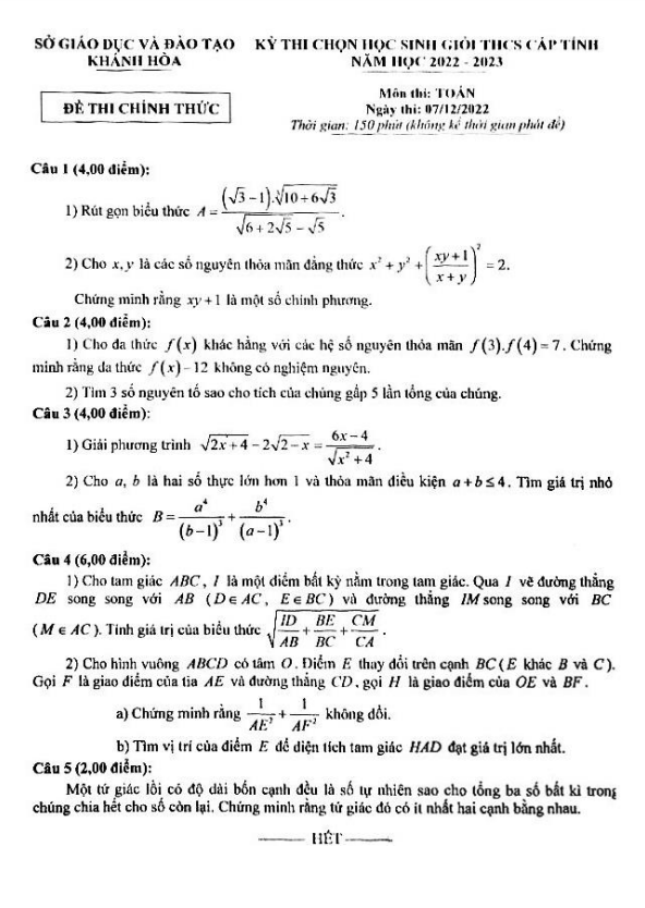 Đề học sinh giỏi cấp tỉnh Toán THCS năm 2022 – 2023 sở GD&ĐT Khánh Hòa