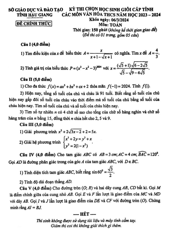 Đề học sinh giỏi cấp tỉnh Toán THCS năm 2023 – 2024 sở GD&ĐT Hậu Giang