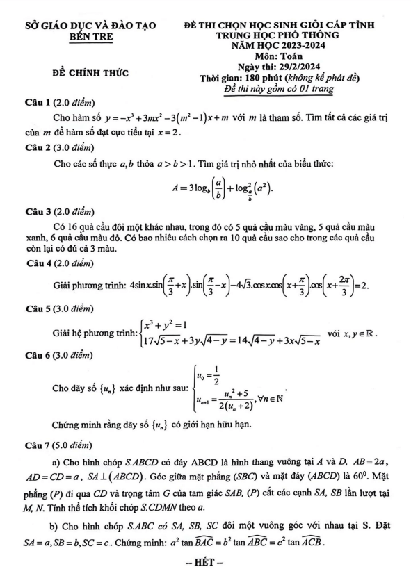 Đề học sinh giỏi cấp tỉnh Toán THPT năm 2023 – 2024 sở GD&ĐT Bến Tre