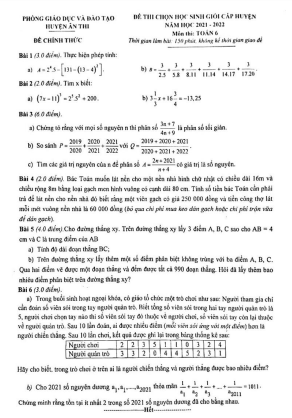 Đề học sinh giỏi huyện Toán 6 năm 2021 – 2022 phòng GD&ĐT Ân Thi – Hưng Yên