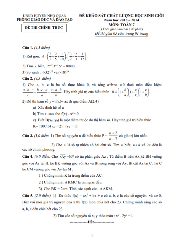Đề học sinh giỏi huyện Toán 7 năm 2013 – 2014 phòng GD&ĐT Nho Quan – Ninh Bình