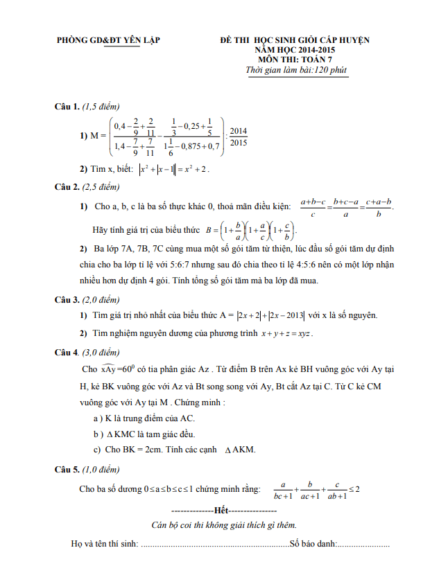 Đề học sinh giỏi huyện Toán 7 năm 2014 – 2015 phòng GD&ĐT Yên Lập – Phú Thọ