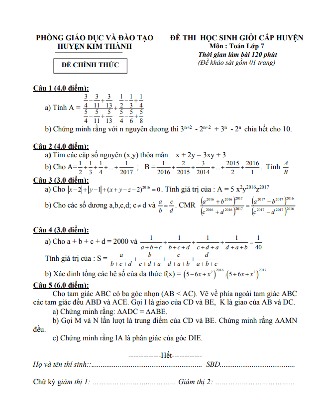 Đề học sinh giỏi huyện Toán 7 năm 2016 – 2017 phòng GD&ĐT Kim Thành – Hải Dương
