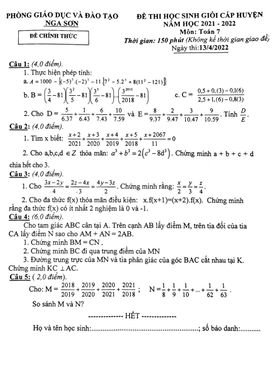 Đề học sinh giỏi huyện Toán 7 năm 2021 – 2022 phòng GD&ĐT Nga Sơn – Thanh Hóa
