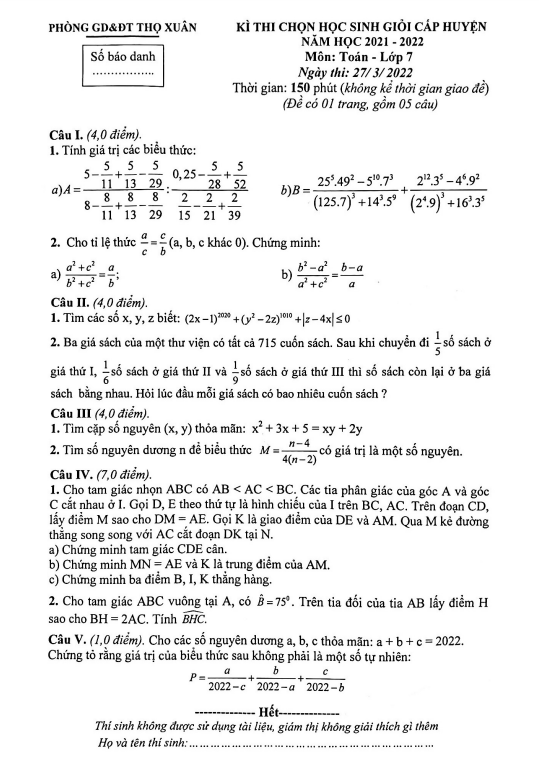Đề học sinh giỏi huyện Toán 7 năm 2021 – 2022 phòng GD&ĐT Thọ Xuân – Thanh Hoá