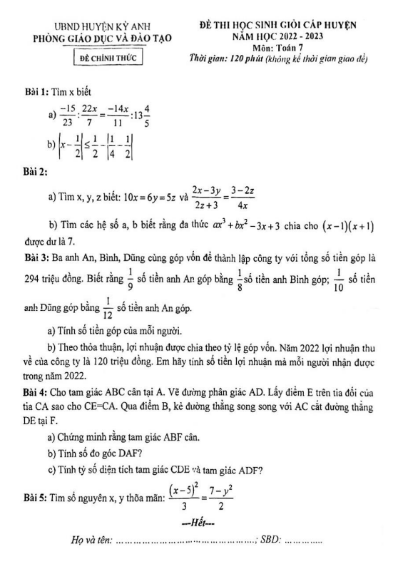 Đề học sinh giỏi huyện Toán 7 năm 2022 – 2023 phòng GD&ĐT Kỳ Anh – Hà Tĩnh