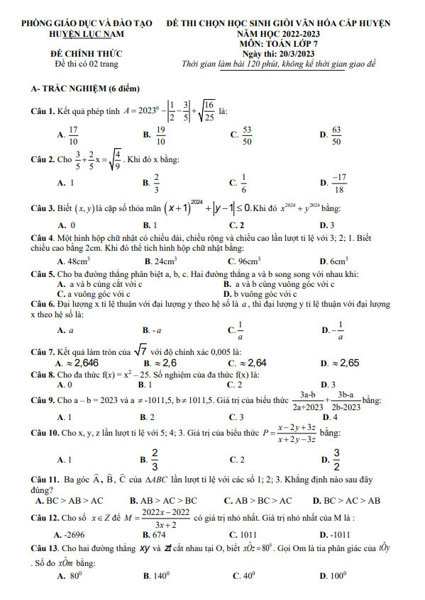 Đề học sinh giỏi huyện Toán 7 năm 2022 – 2023 phòng GD&ĐT Lục Nam – Bắc Giang