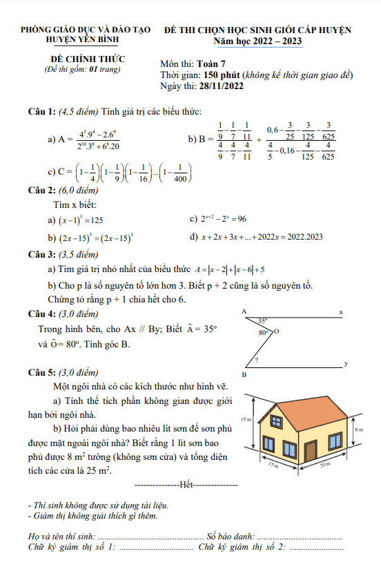 Đề học sinh giỏi huyện Toán 7 năm 2022 – 2023 phòng GD&ĐT Yên Bình – Yên Bái
