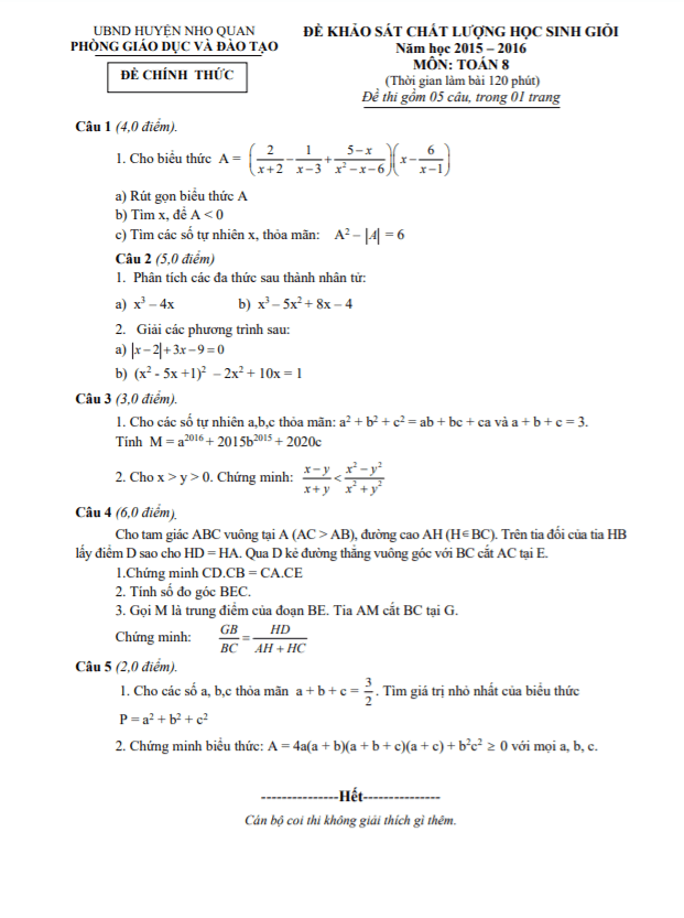 Đề học sinh giỏi huyện Toán 8 năm 2015 – 2016 phòng GD&ĐT Nho Quan – Ninh Bình
