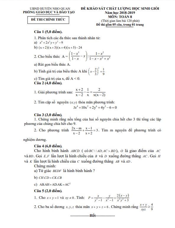 Đề học sinh giỏi huyện Toán 8 năm 2018 – 2019 phòng GD&ĐT Nho Quan – Ninh Bình