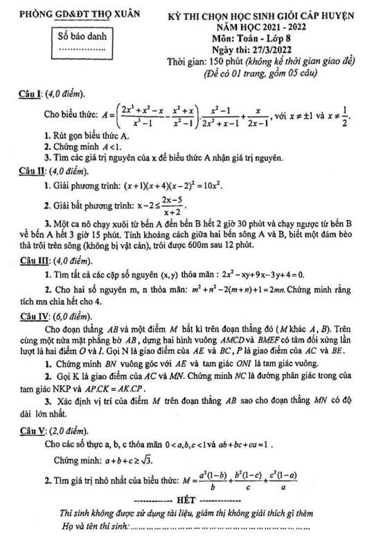 Đề học sinh giỏi huyện Toán 8 năm 2021 – 2022 phòng GD&ĐT Thọ Xuân – Thanh Hoá