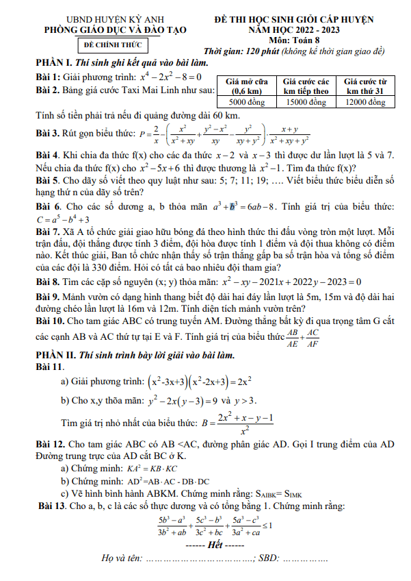 Đề học sinh giỏi huyện Toán 8 năm 2022 – 2023 phòng GD&ĐT Kỳ Anh – Hà Tĩnh