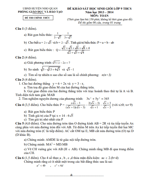 Đề học sinh giỏi huyện Toán 9 năm 2013 – 2014 phòng GD&ĐT Nho Quan – Ninh Bình