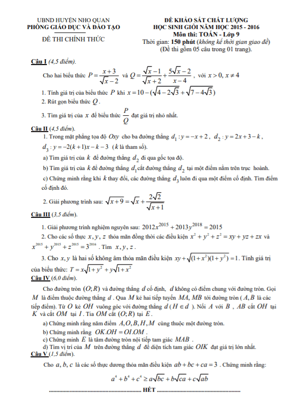 Đề học sinh giỏi huyện Toán 9 năm 2015 – 2016 phòng GD&ĐT Nho Quan – Ninh Bình