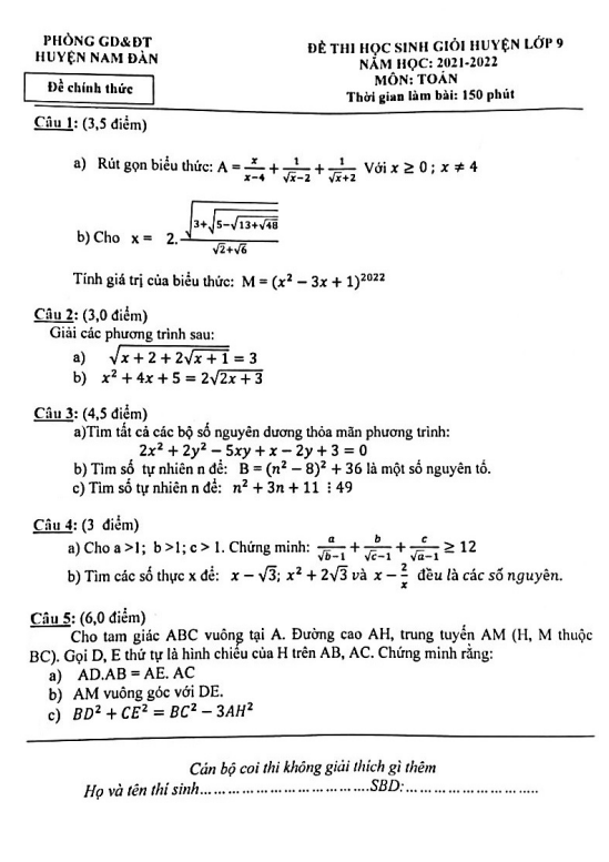 Đề học sinh giỏi huyện Toán 9 năm 2021 – 2022 phòng GD&ĐT Nam Đàn – Nghệ An