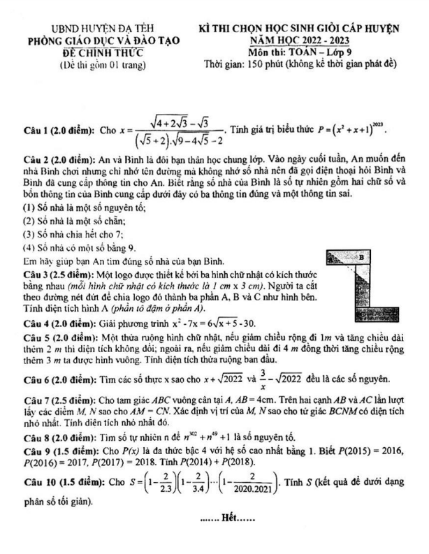 Đề học sinh giỏi huyện Toán 9 năm 2022 – 2023 phòng GD&ĐT Đạ Tẻh – Lâm Đồng
