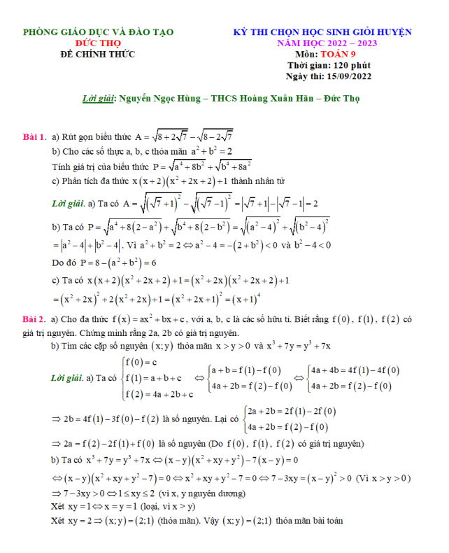 Đề học sinh giỏi huyện Toán 9 năm 2022 – 2023 phòng GD&ĐT Đức Thọ – Hà Tĩnh