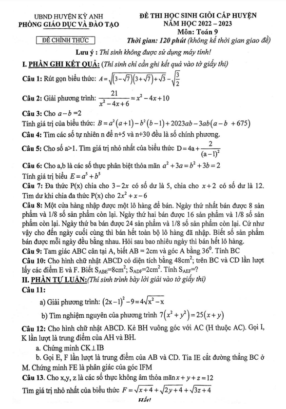 Đề học sinh giỏi huyện Toán 9 năm 2022 – 2023 phòng GD&ĐT Kỳ Anh – Hà Tĩnh
