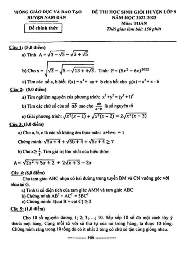 Đề học sinh giỏi huyện Toán 9 năm 2022 – 2023 phòng GD&ĐT Nam Đàn – Nghệ An