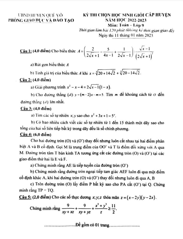 Đề học sinh giỏi huyện Toán 9 năm 2022 – 2023 phòng GD&ĐT Quế Võ – Bắc Ninh