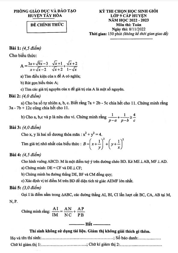 Đề học sinh giỏi huyện Toán 9 năm 2022 – 2023 phòng GD&ĐT Tây Hòa – Phú Yên