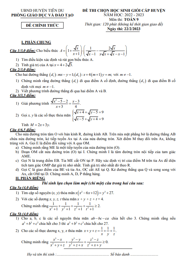 Đề học sinh giỏi huyện Toán 9 năm 2022 – 2023 phòng GD&ĐT Tiên Du – Bắc Ninh