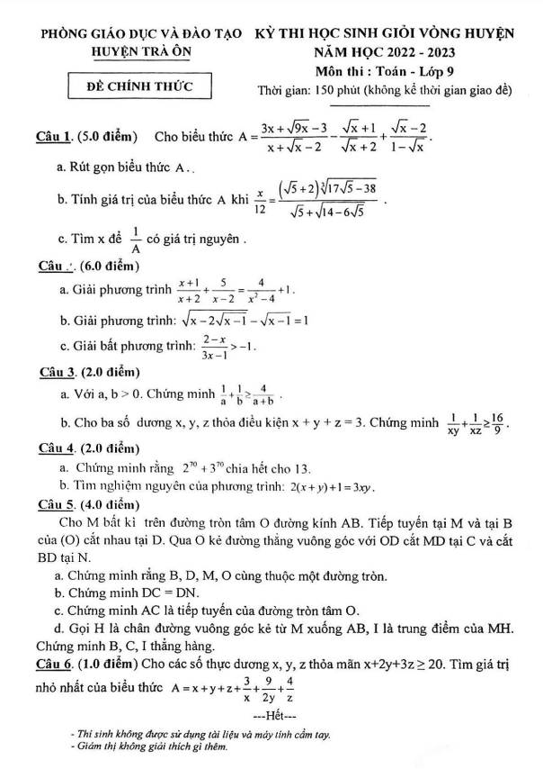 Đề học sinh giỏi huyện Toán 9 năm 2022 – 2023 phòng GD&ĐT Trà Ôn – Vĩnh Long