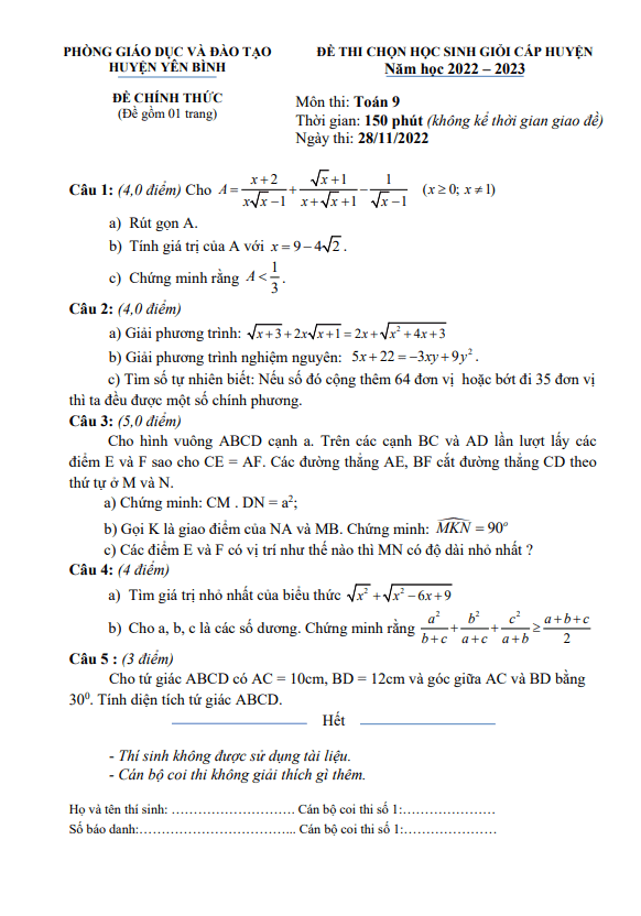 Đề học sinh giỏi huyện Toán 9 năm 2022 – 2023 phòng GD&ĐT Yên Bình – Yên Bái