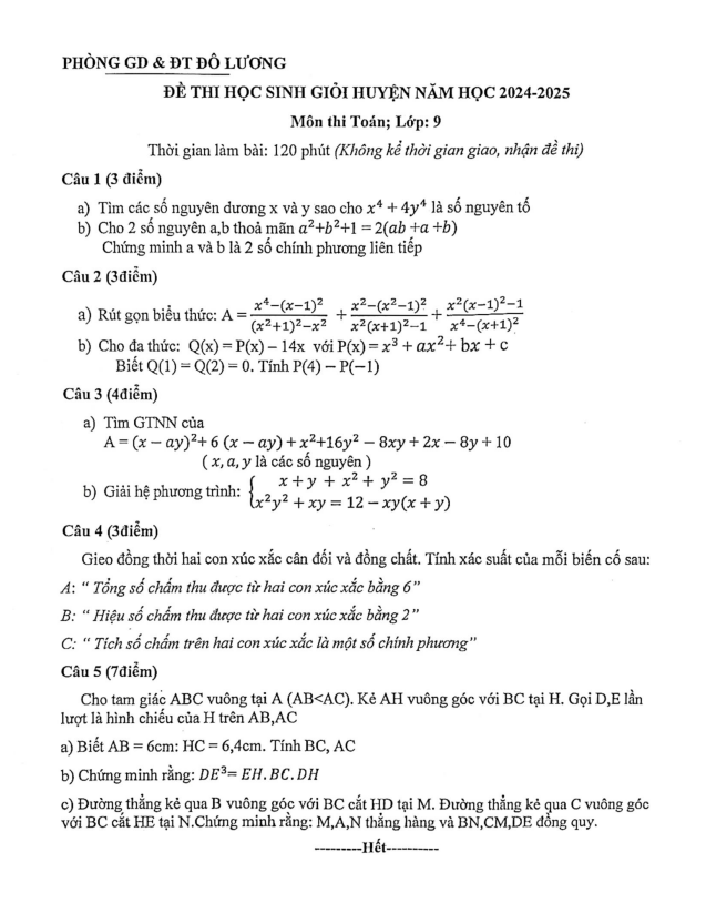 Đề học sinh giỏi huyện Toán 9 năm 2024 – 2025 phòng GD&ĐT Đô Lương – Nghệ An